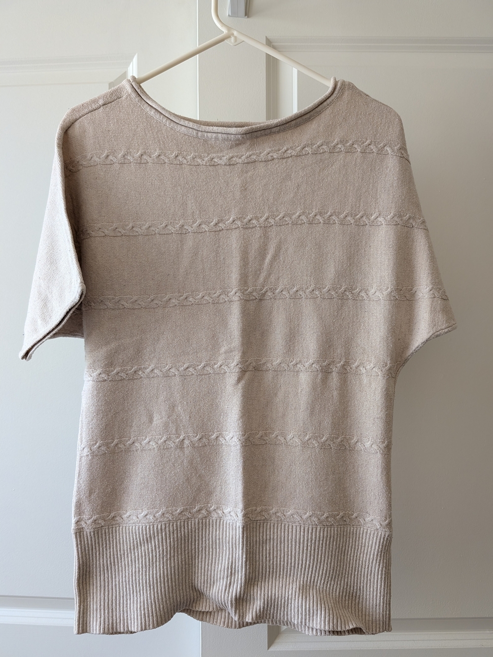 White House Black Market Short-Sleeve Cable Knit Sweater in Beige